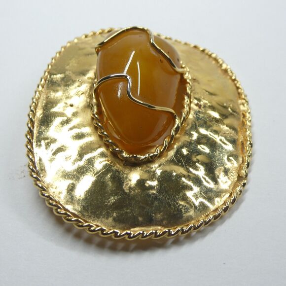 Gold Statement Brooch Pendant Agate Amber Stone Center Signed Barmell Large Pin - Picture 5 of 14